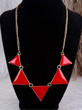 Lightweight Red Geometric Statement Necklace Gold Tone